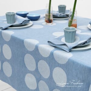 Linen cotton blue tablecloth with bubbles