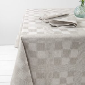 half linen tablecloth beige checks, twill weave