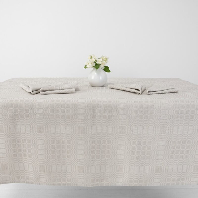 Beige checked linen cotton tablecloth, multiple sizes