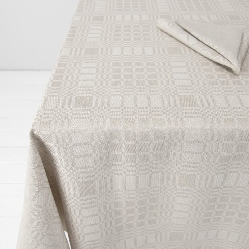 Beige checked linen cotton tablecloth, check pattern