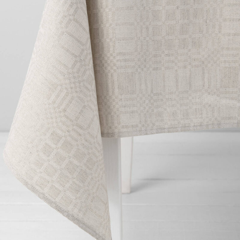 Beige checked linen cotton tablecloth, simple hem