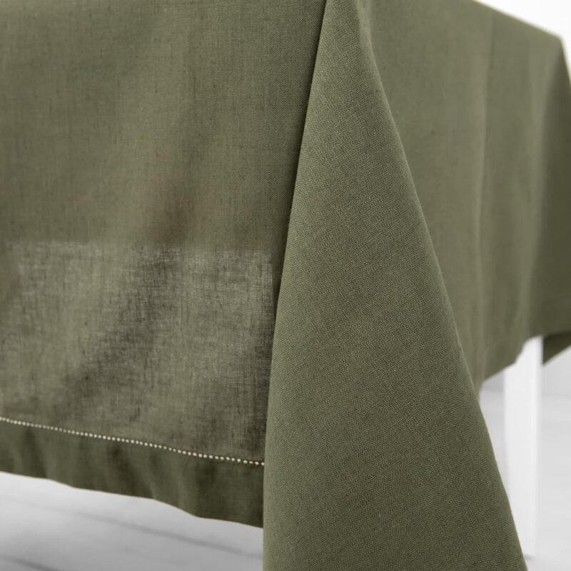 olive linen tablecloth with 4cm. folded borders.