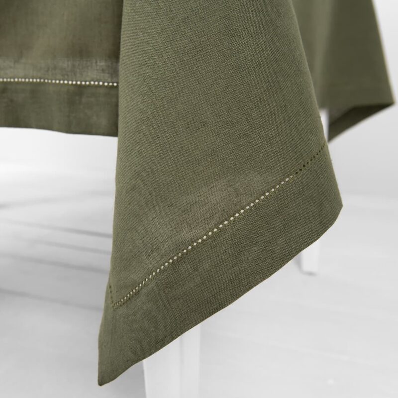 olive linen tablecloth with 4cm. folded borders and hemstitch.