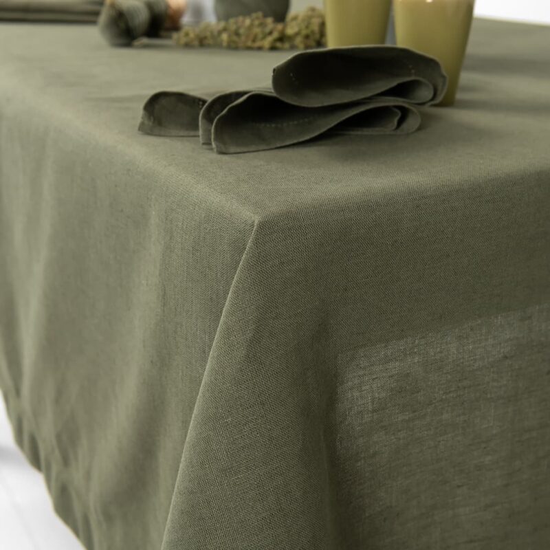 olive linen tablecloth with napkins.