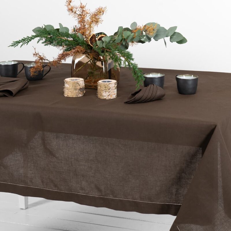 brown linen tablecloth with napkins,