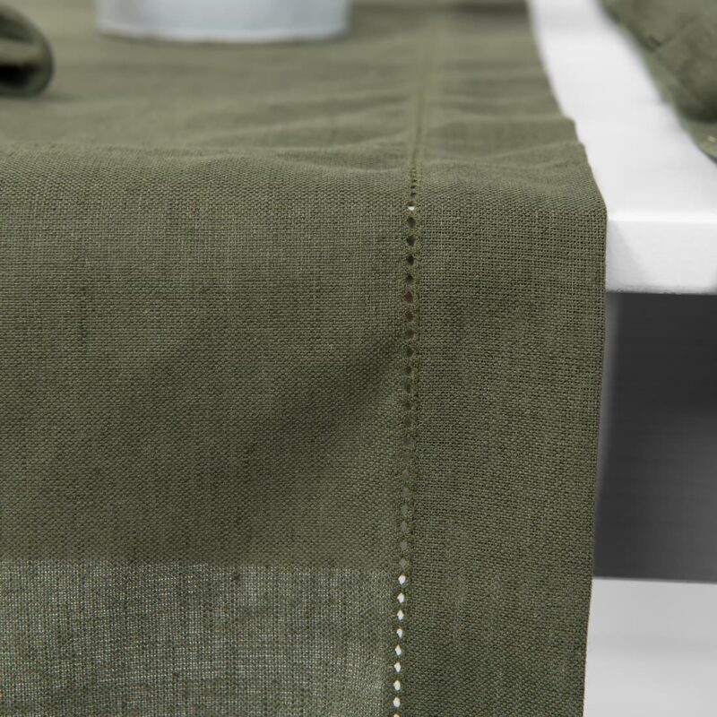 olive linen cotton runner with hemstitch