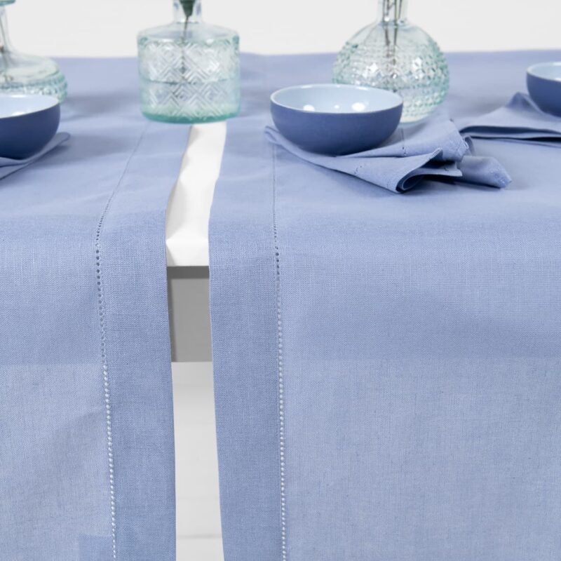 linen cotton light blue runner, border + hemstitch