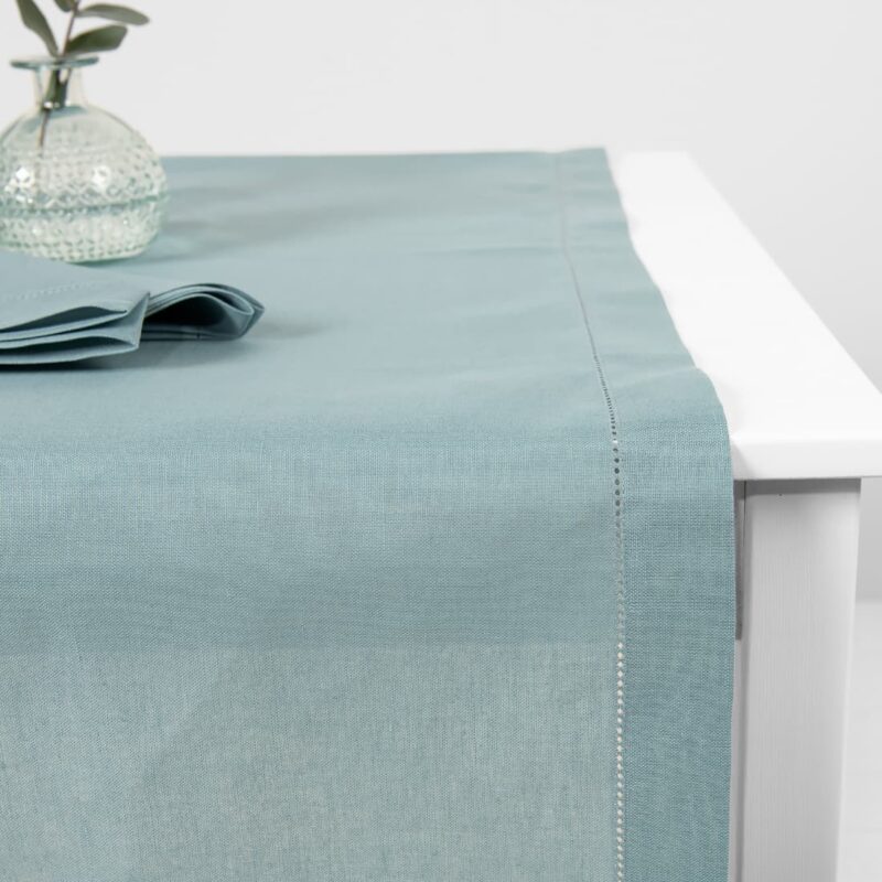 linen cotton aqua runner with hemstitch