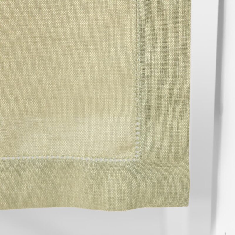 Light green linen cotton table runner, folded hemstitched edge