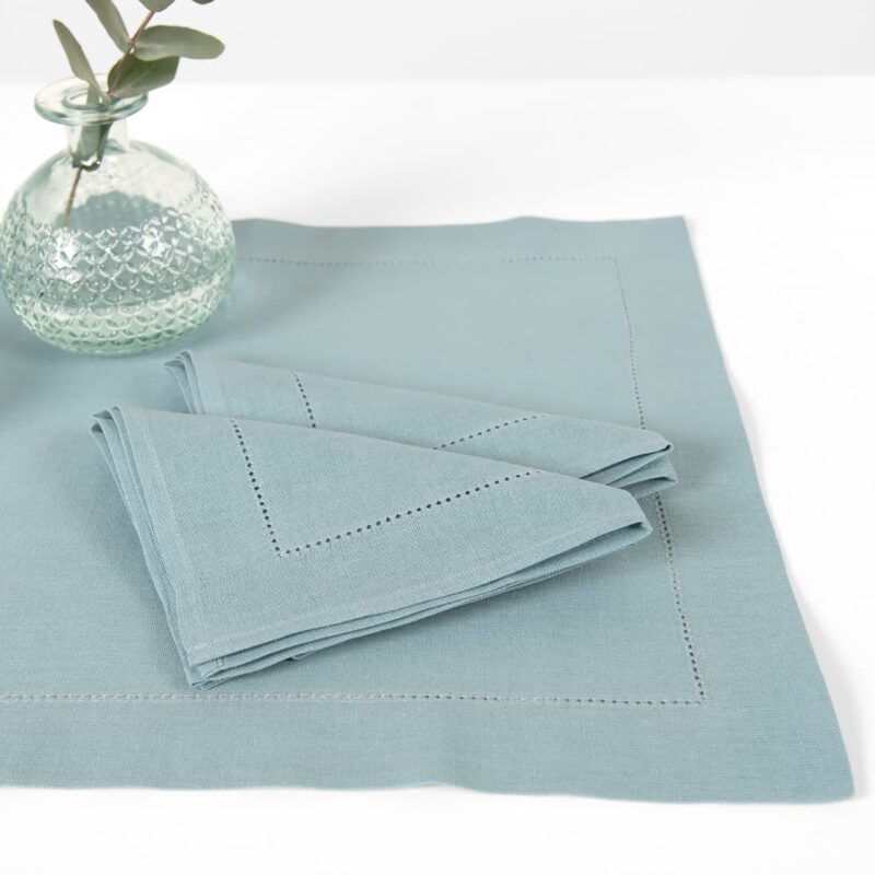 linen cotton aqua placemat with hemstitch