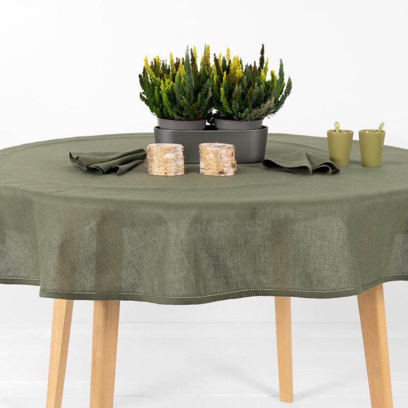 round olive linen tablecloth, not washed.
