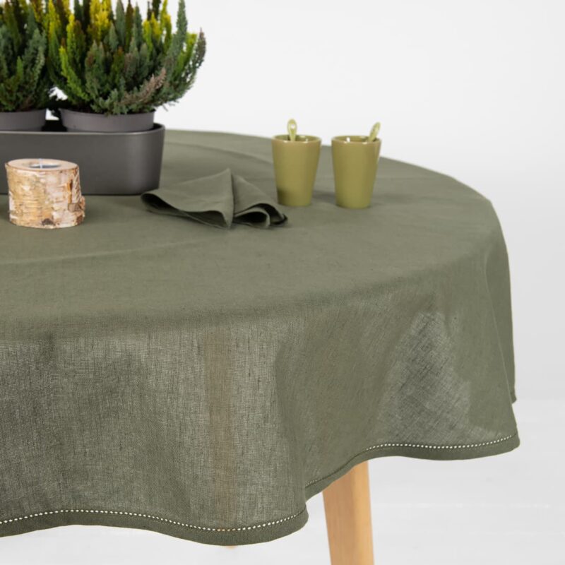 round olive linen tablecloth for decoration.