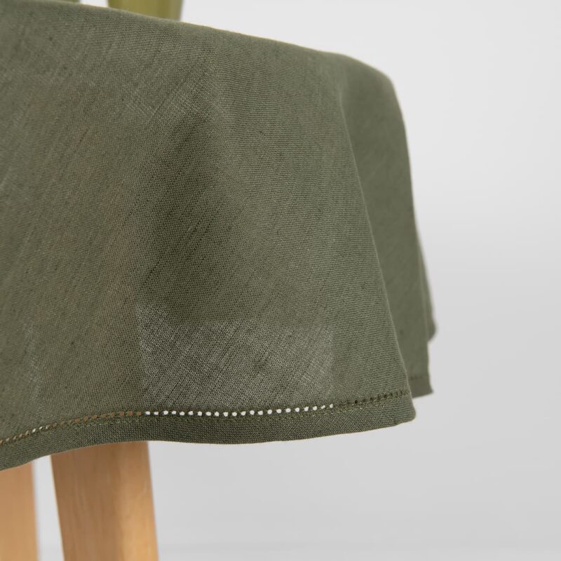 round olive linen tablecloth with hemstitch.