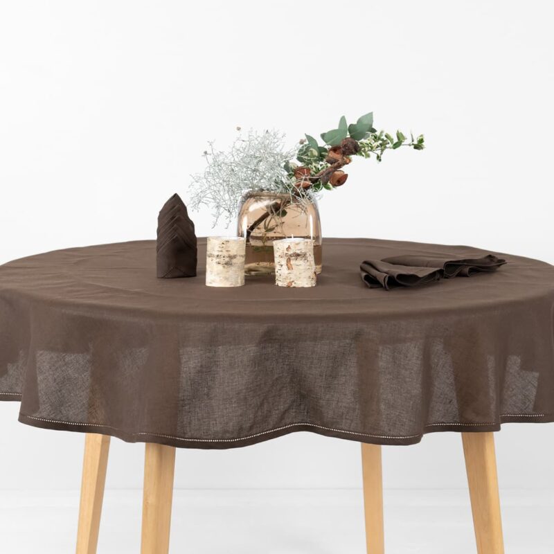 brown round tablecloth linen, not washed.