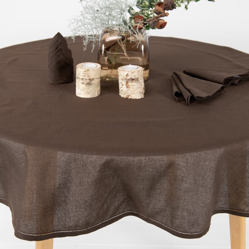 brown round tablecloth linen for festive decor.