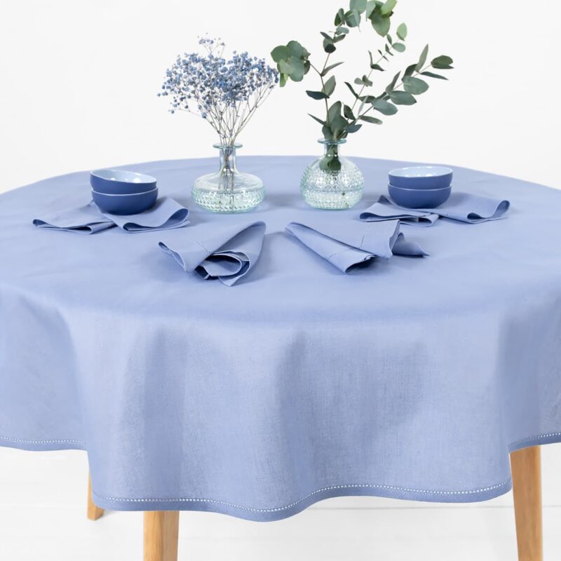 round oval blue linen cotton tablecloth not washed