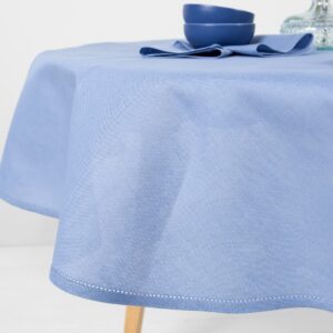 round oval blue linen cotton tablecloth, piping hemstitch