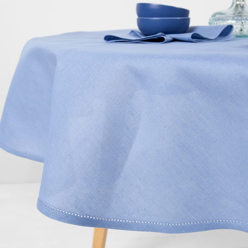 round oval blue linen cotton tablecloth, piping hemstitch