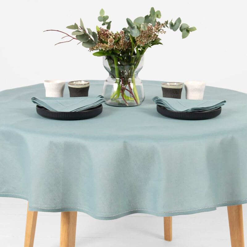 round oval linen cotton aqua tablecloth, not washed