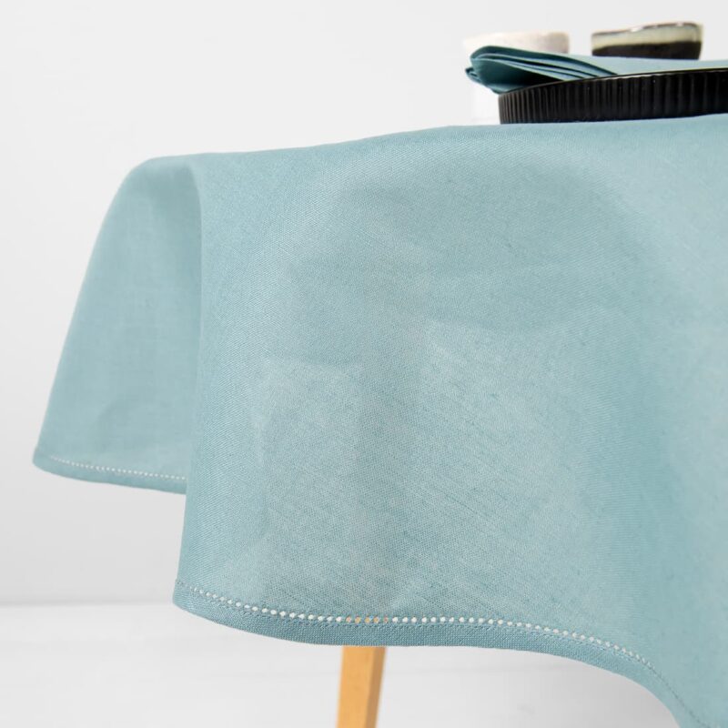 round oval linen cotton aqua tablecloth, piping + hemstitch