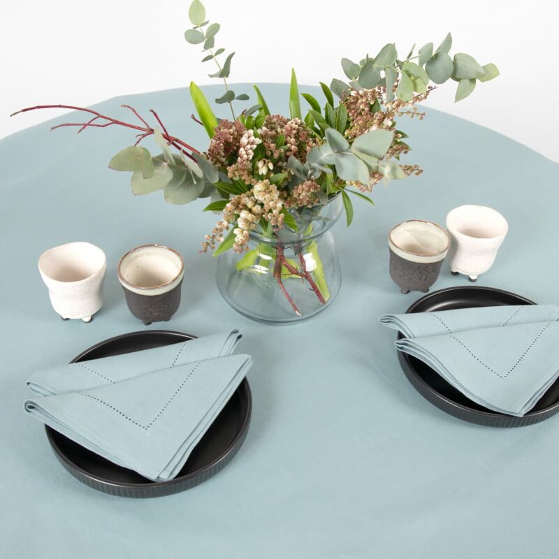 round oval linen cotton aqua tablecloth with napkins