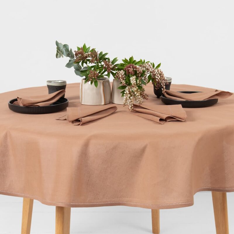 linen cotton round oval brown tablecloth, not washed
