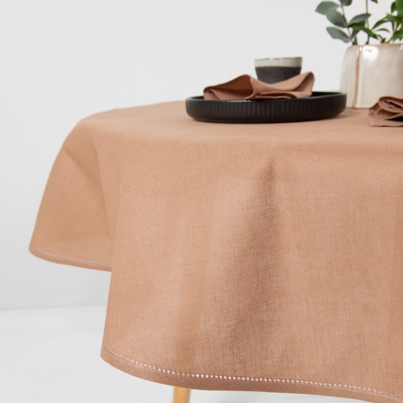 linen cotton round oval brown tablecloth with hemstitch