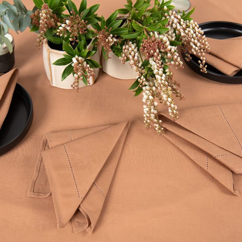 linen cotton round oval brown tablecloth with napkins