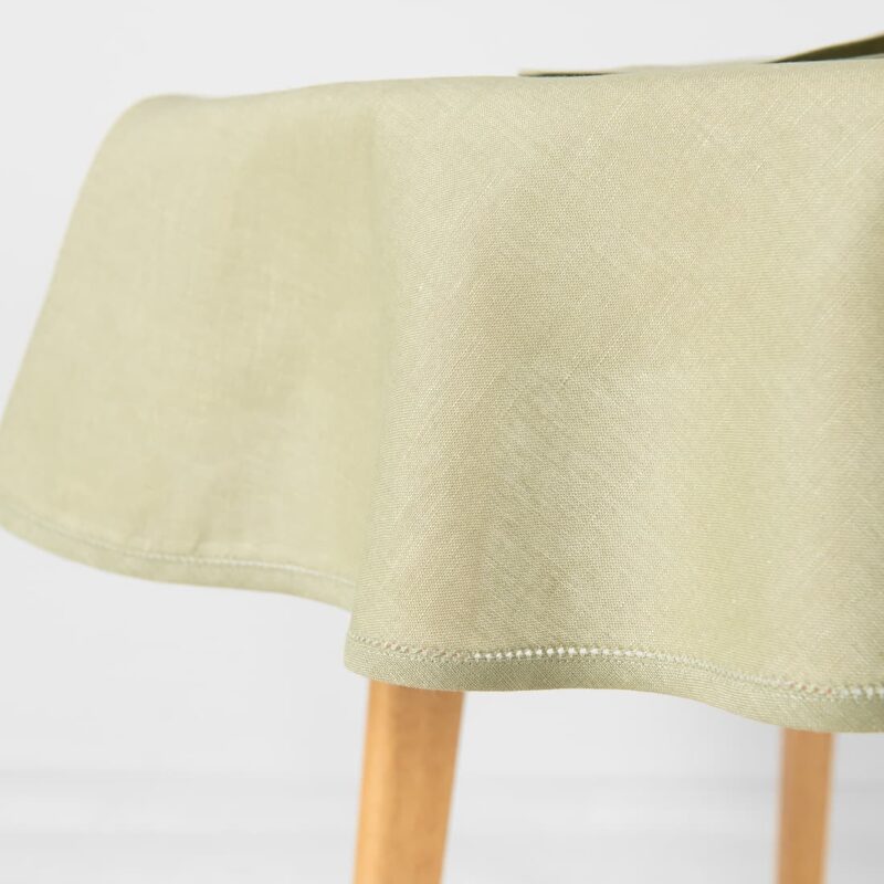 Linen cotton round oval light green tablecloth, with piping edge