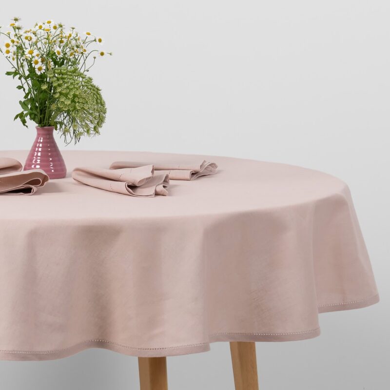 Linen cotton round oval light pink tablecloth with matching napkins