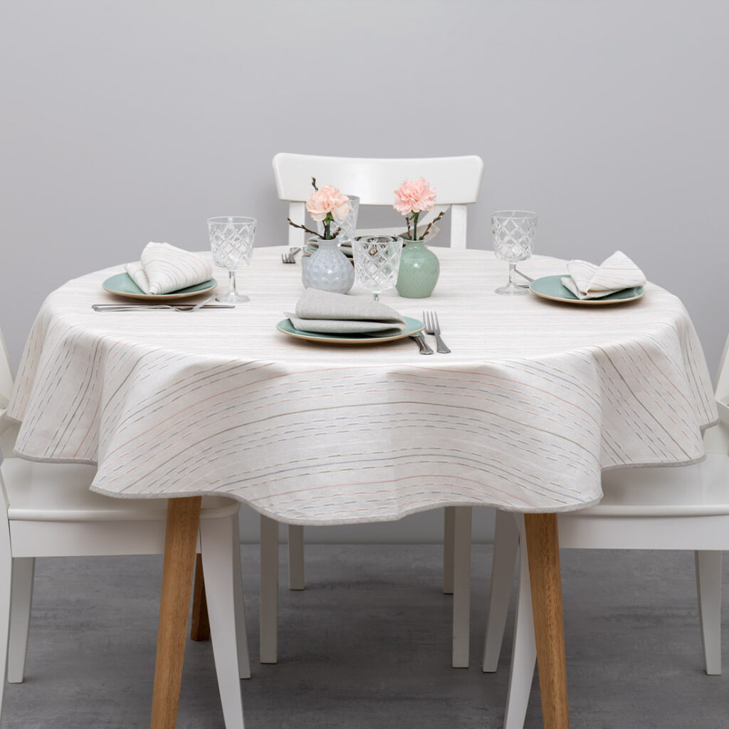 White linen cotton round tablecloth with colourful dashed stripes