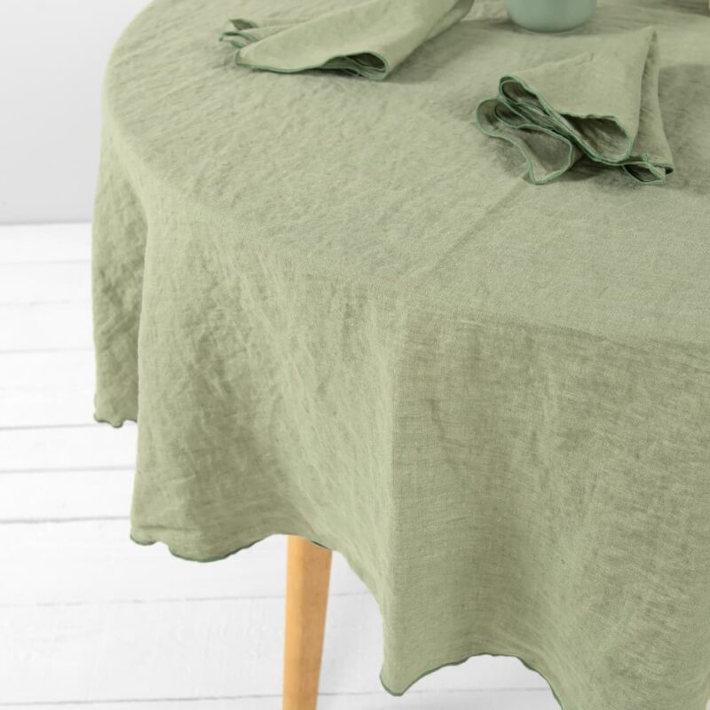 old green linen round tablecloth with green babylock