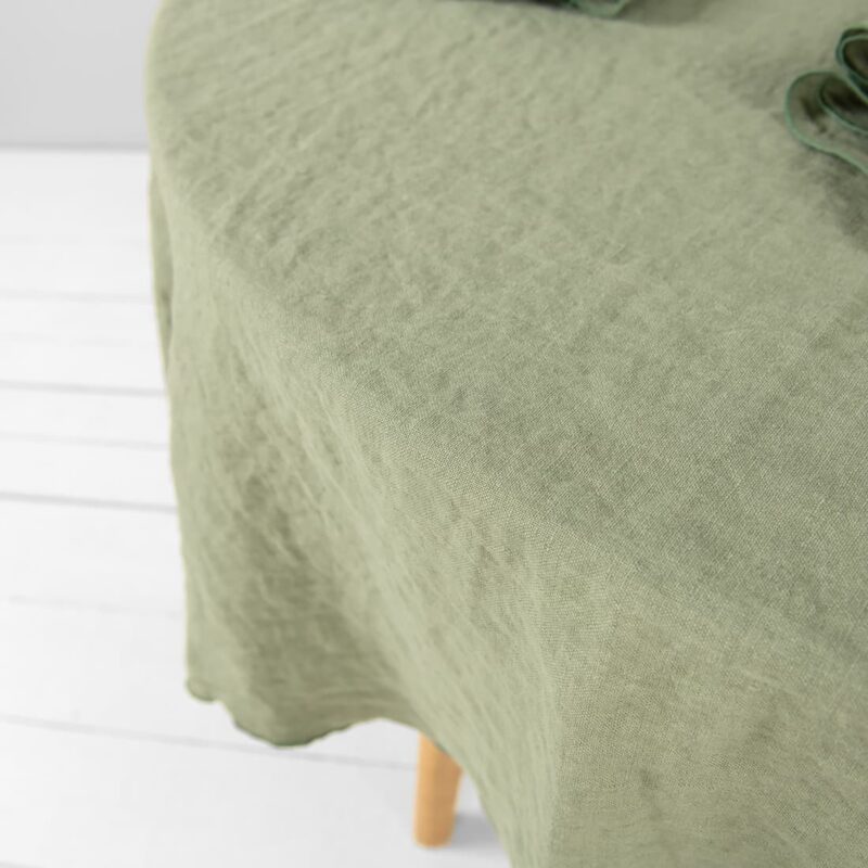 old green linen round tablecloth washed