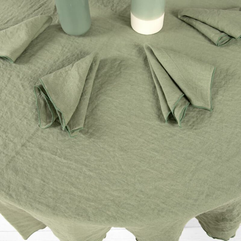 old green linen round tablecloth & napkins