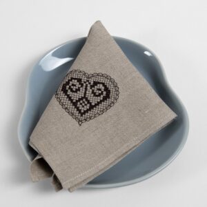 Natural linen napkin with brown embroidery