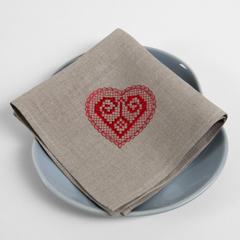 Natural linen napkin with red embroidery