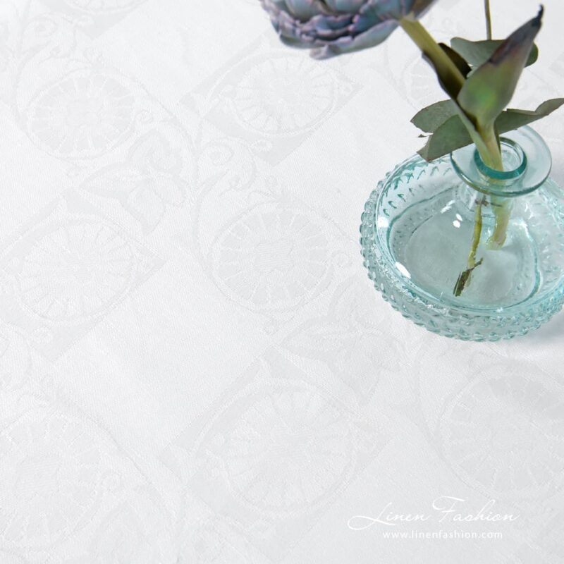 BOTANIC white linen cotton tablecloth in flower motif