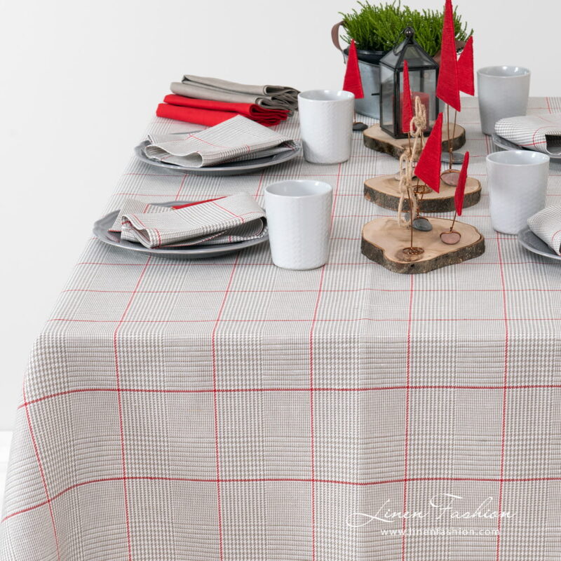 Grey checked tablecloth with red squares