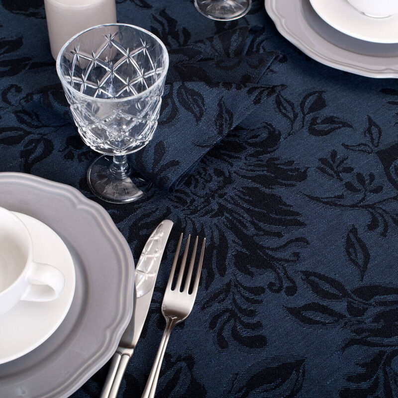 Dark blue floral oval linen cotton tablecloth