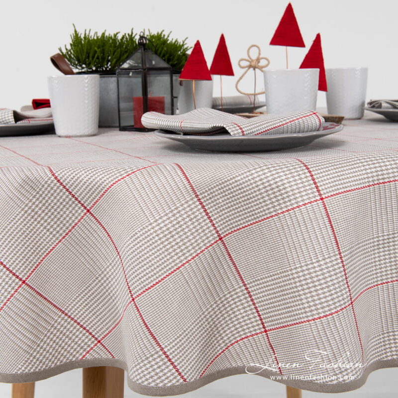 Round linen cotton grey check tablecloth with large red squares