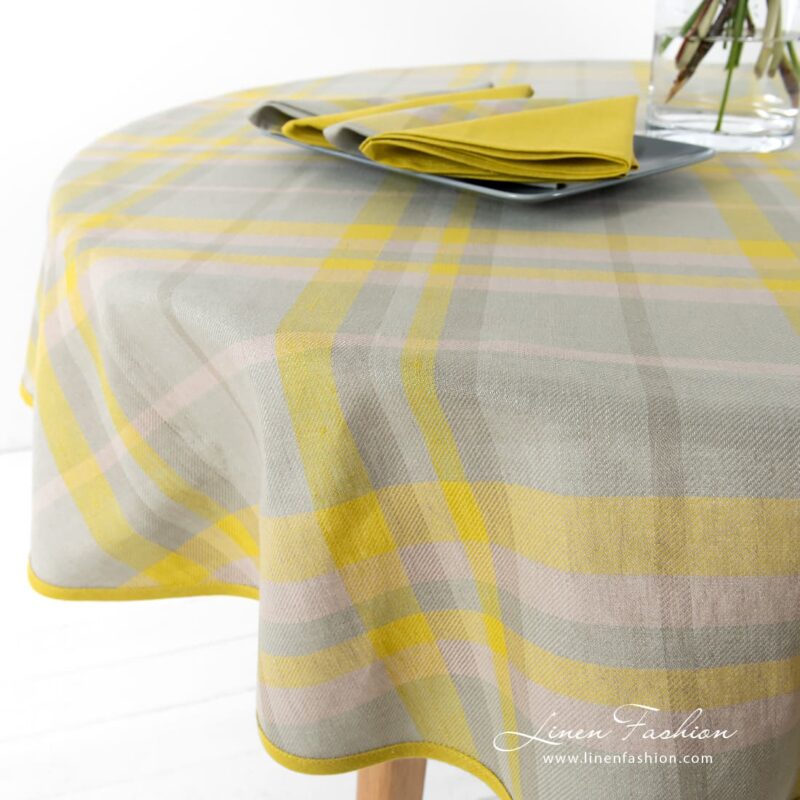LOZANA round (oval) greyish yellow linen tablecloth in checks