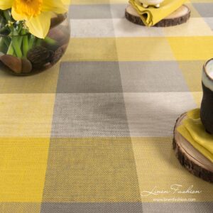 Linen cotton tablecloth in grey yellow large checks - Linen Fashion.