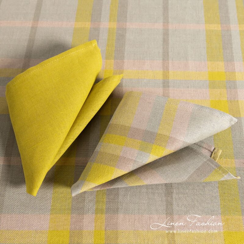 Yellow grey linen tablecloth with matching napkins METIS