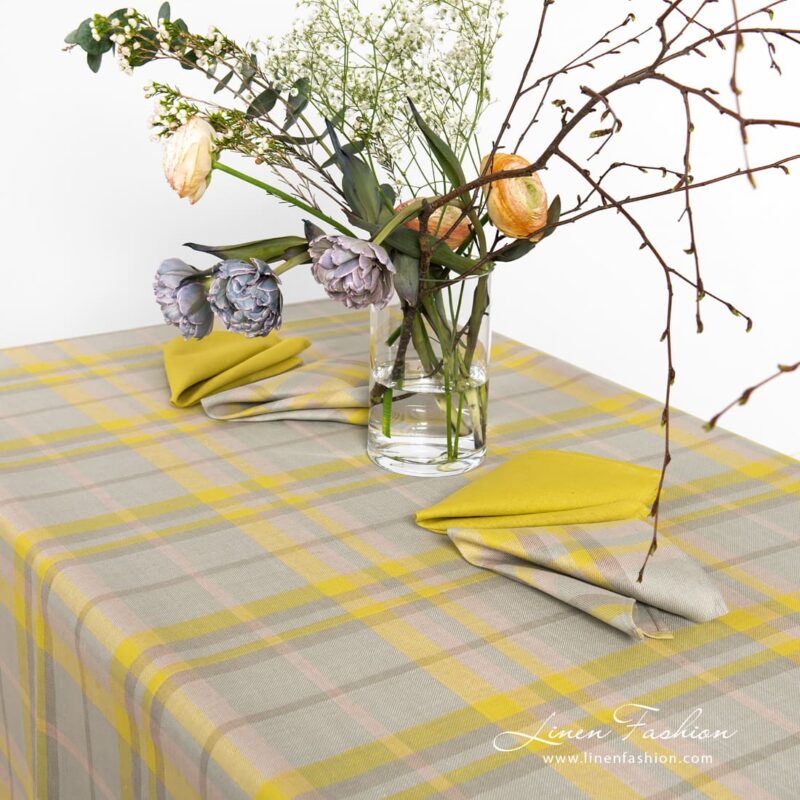 Yellow grey checked linen tablecloth with matching napkins