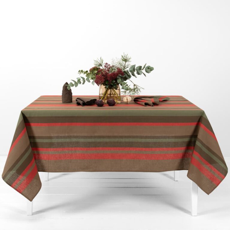 striped linen cotton red brown tablecloth.
