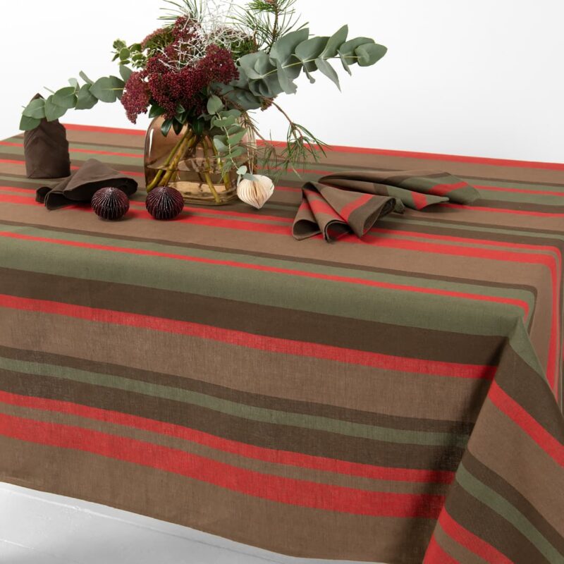 striped linen cotton red brown tablecloth, twill.