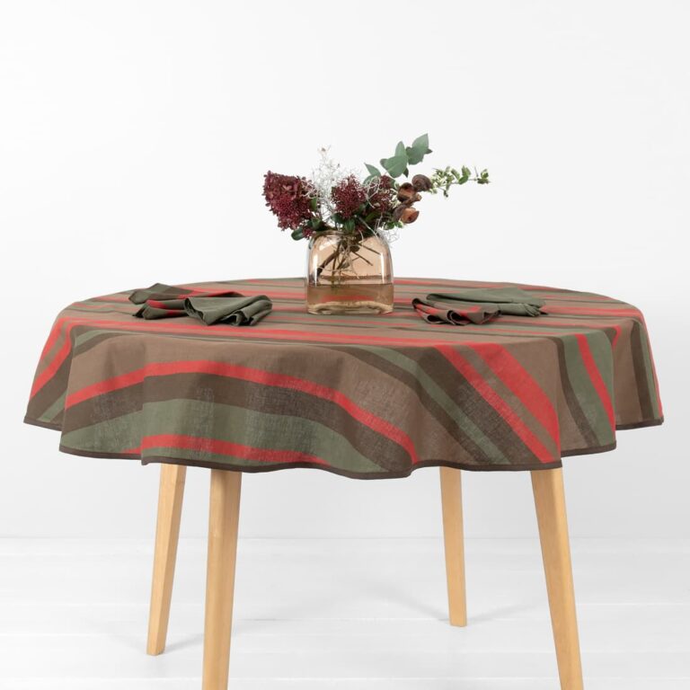 linen cotton round tablecloth red brown stripes.