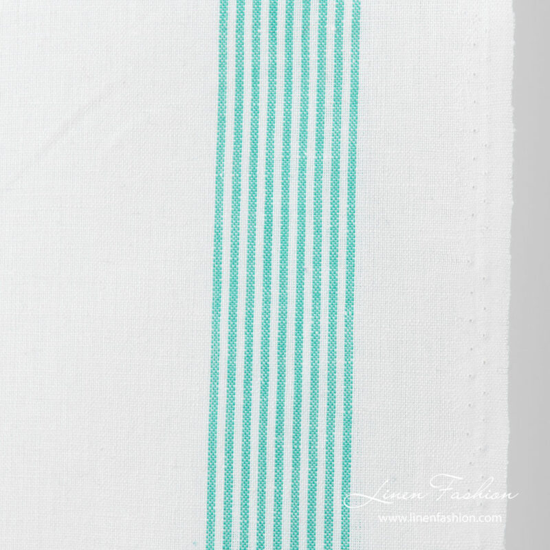 Linen blend fabric decorated with with thin green stripes