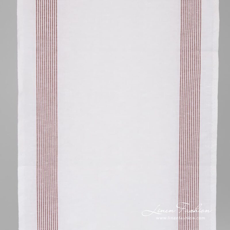 White narrow linen cotton fabric with thin brown stripes.
