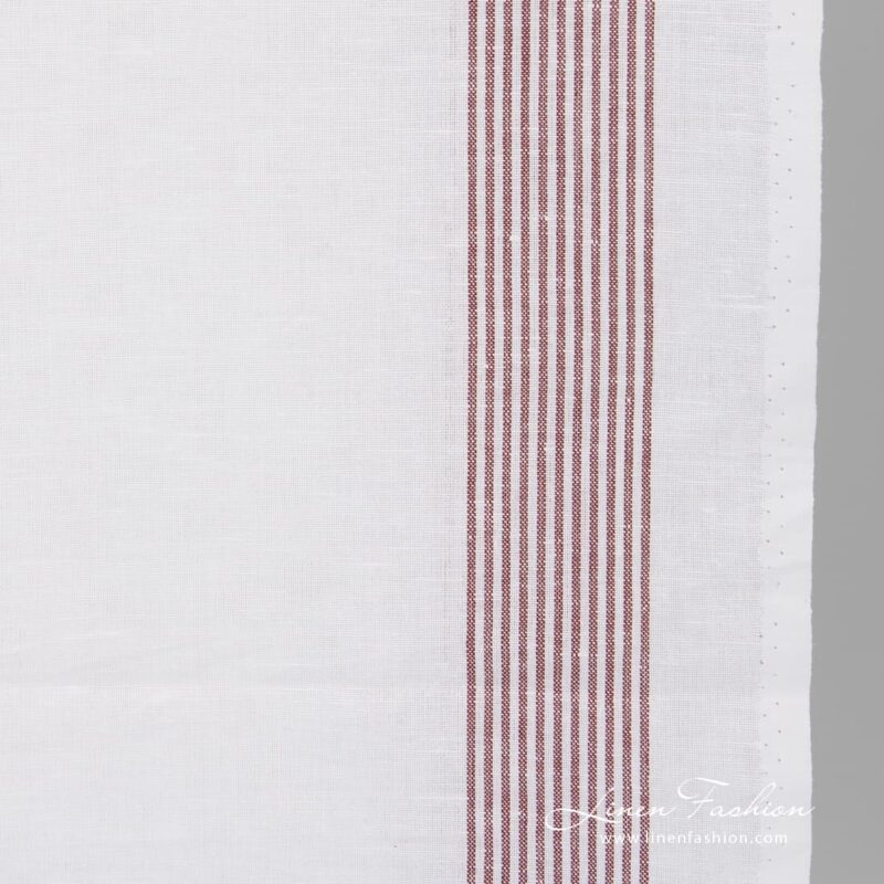 Brown striped white narrow linen cotton fabric.